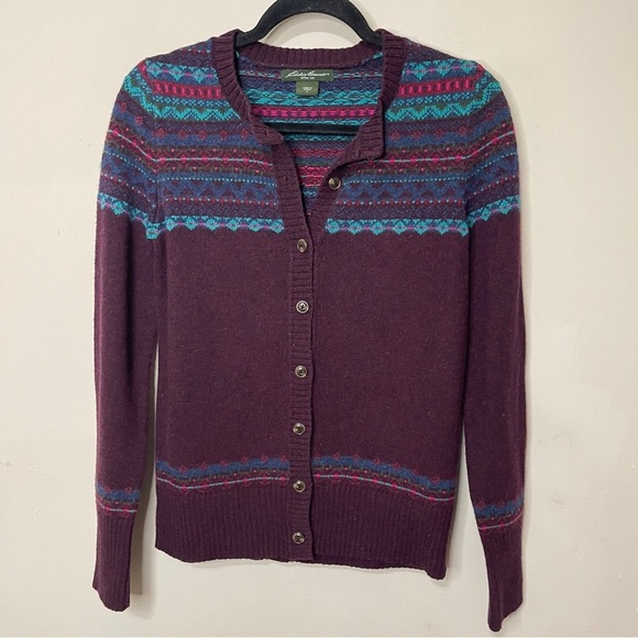 EDDIE BAUER Plum Purple Fair Isle Sweater Cardigan, Small - Picture 1 of 10